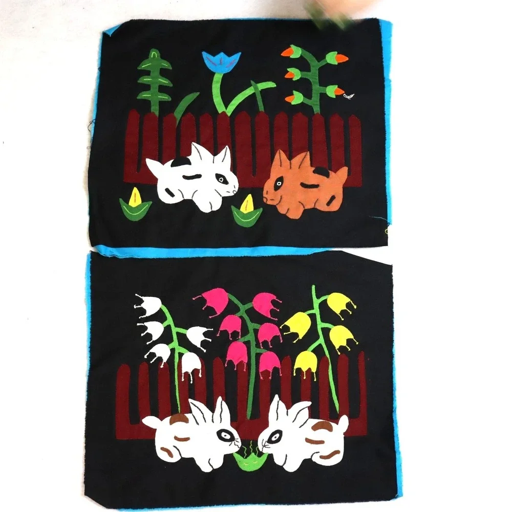 Vintage Kuna Mola Textile Panels OS Black Multi Folk Art Animal Rabbit Pair